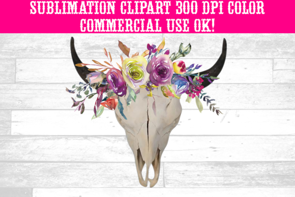 Boho Watercolor Floral Bull Skulls Horns Graphics and Illustrations